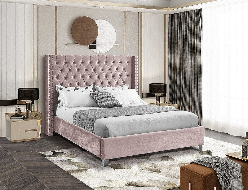 IF-5895 Lit en Velours Rose Poussiéreux - Détails Cloutés