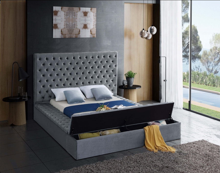 IF-5790 Lit Plateforme en Velours Gris - 3 Grands Rangements, Capitonnage Profond, Hauteur de 16 po
