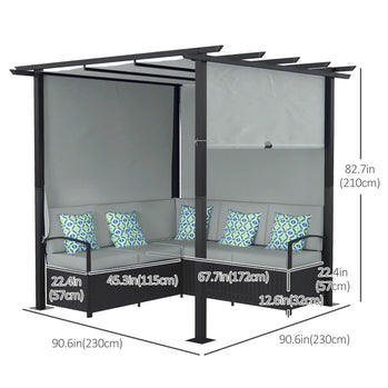 Meubles de patio en osier, ensemble de canapé d'extérieur en rotin PE avec pergola à auvent rétractable, abri d'ombrage pour terrasse, piscine, jardin, terrasse, gris