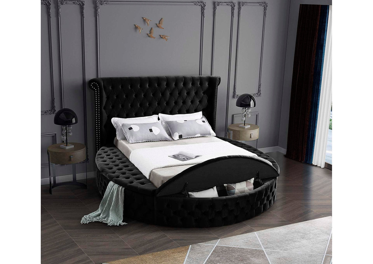 IF-5773 Lit en tissu velours noir avec capitonnage profond et 3 bancs de rangement