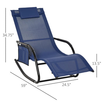 Chaise à bascule de patio avec tissu en maille, chaise longue d'extérieur à bascule avec appui-tête amovible et poche latérale pour jardin, terrasse, pelouse, bleu