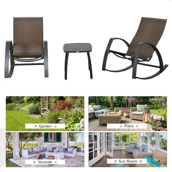 Ensemble de 3 chaises à bascule pour patio en osier, ensemble de bistro à bascule en rotin PE avec cadre en aluminium et table basse avec plateau en verre pour jardin, porche, bord de piscine, marron