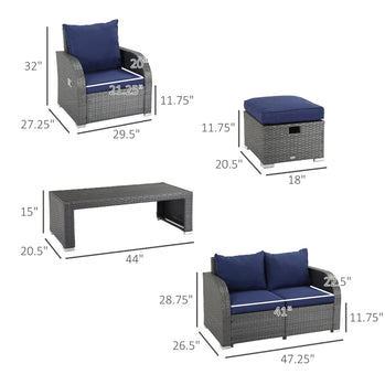 Ensemble de canapés d'extérieur en osier et rotin, 6 pièces, chaise simple inclinable à angle réglable, avec ressort à gaz et coussins doux lavables, bleu foncé