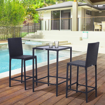 Ensemble de bar de patio 3 pièces, ensemble de bistro de jardin en osier et rotin, tabouret de bar et table pour patio, jardin, balcon, bord de piscine, noir