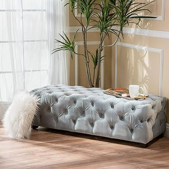 Large Pouf Rectangulaire Capitonné Gris Clair en Tissu de Haute Qualité ( Meuble Mtl )