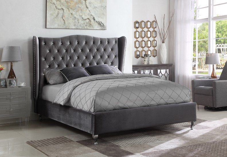 IF-5520 Lit à Ailes en Velours Gris avec Clous et Détails en Strass Support de Matelas Inclus