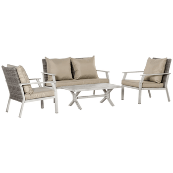 Ensemble de meubles de patio 4 pièces avec coussins, ensembles de canapés de conversation d'extérieur en osier, ensembles de canapés avec cadre en aluminium pour arrière-cour, bord de piscine, jardin, beige