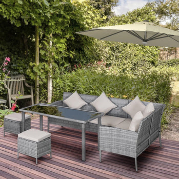 Ensemble de meubles de salle à manger de conversation de patio en osier 5 pièces avec coussins, table et poufs, blanc crème