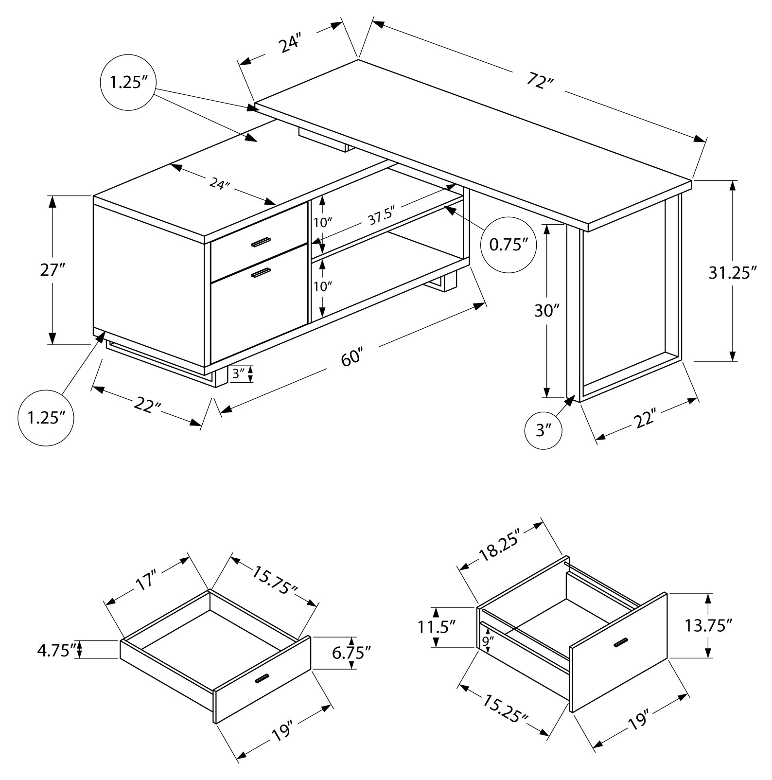 BUREAU D'ORDINATEUR - 72"L BÉTON GRIS / NOIR EN COIN DE DIRECTION / I 7714