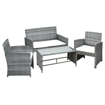 Ensemble de meubles de patio 4 pièces avec coussins, ensemble de canapé de conversation d'extérieur en rotin PE avec table basse et causeuse avec plateau en verre, pour jardin, balcon, blanc crème