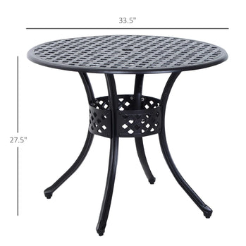 Table de salle à manger ronde de 33 pouces avec trou pour parasol, table de jardin en fonte d'aluminium, table de bistro toutes saisons, pour pelouse, jardin, extérieur, noir