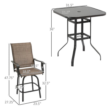 Ensemble de meubles de patio 5 pièces, ensemble de conversation de jardin extérieur avec table en verre trempé, 4 chaises pivotantes et trou pour parasol, marron