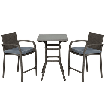 Ensemble de bar de patio 3 pièces, ensemble de bistro de jardin en osier, mobilier d'extérieur, table et tabourets en rotin PE avec coussin de siège, gris