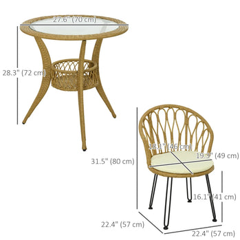 Ensemble de salle à manger en rotin 4 pièces avec panier de rangement, plateau de Table en verre trempé, pour jardin, cour, balcon, marron clair