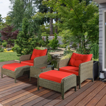 Ensemble de 5 meubles de patio en osier avec coussins rembourrés épais, ensemble de café de conversation en rotin PE avec fauteuils, repose-pieds et table en verre, rouge