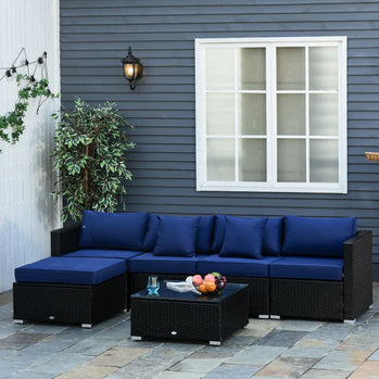 Ensemble de 6 meubles de patio en osier et rotin PE avec coussins épais, canapé sectionnel de jardin de luxe avec table en verre, noir et bleu foncé