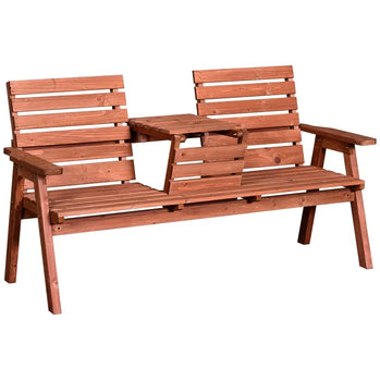 Banc d'extérieur 3 places avec table centrale convertible, causeuse de jardin en bois avec table centrale pour 2 personnes avec siège et dossier à lattes, accoudoirs, orange