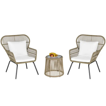 Ensemble de bistro de patio extérieur 3 pièces, meubles en rotin en osier 2 chaises 1 table basse avec pieds en métal pour jardin, cour, terrasse, café et blanc