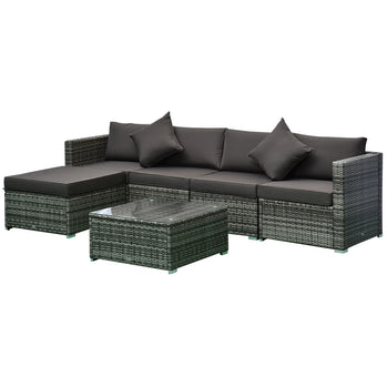 Ensemble de 6 meubles de patio en osier et rotin PE avec coussins épais, canapé sectionnel de jardin de luxe avec table en verre, gris mélangé et charbon de bois