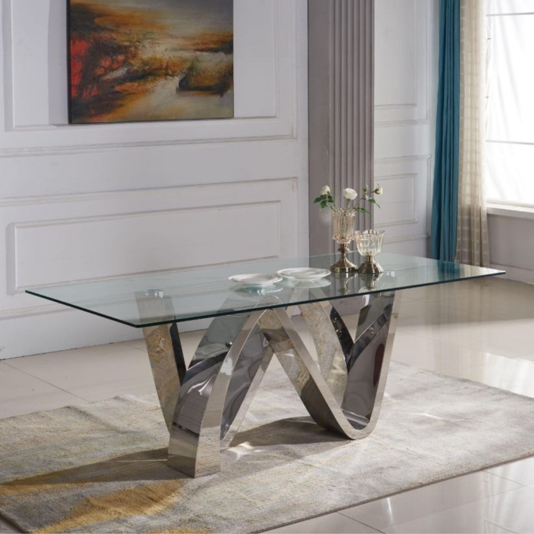 Table Basse Rectangulaire Verre Plateau, Base Argentée - Adele : Élégance Moderne ( Meuble Mtl )