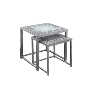 TABLE GIGOGNE - ENSEMBLE DE 2PCS / GRIS / DESSUS TUILE BLEU / ARGENT ( Meuble Mtl ) 