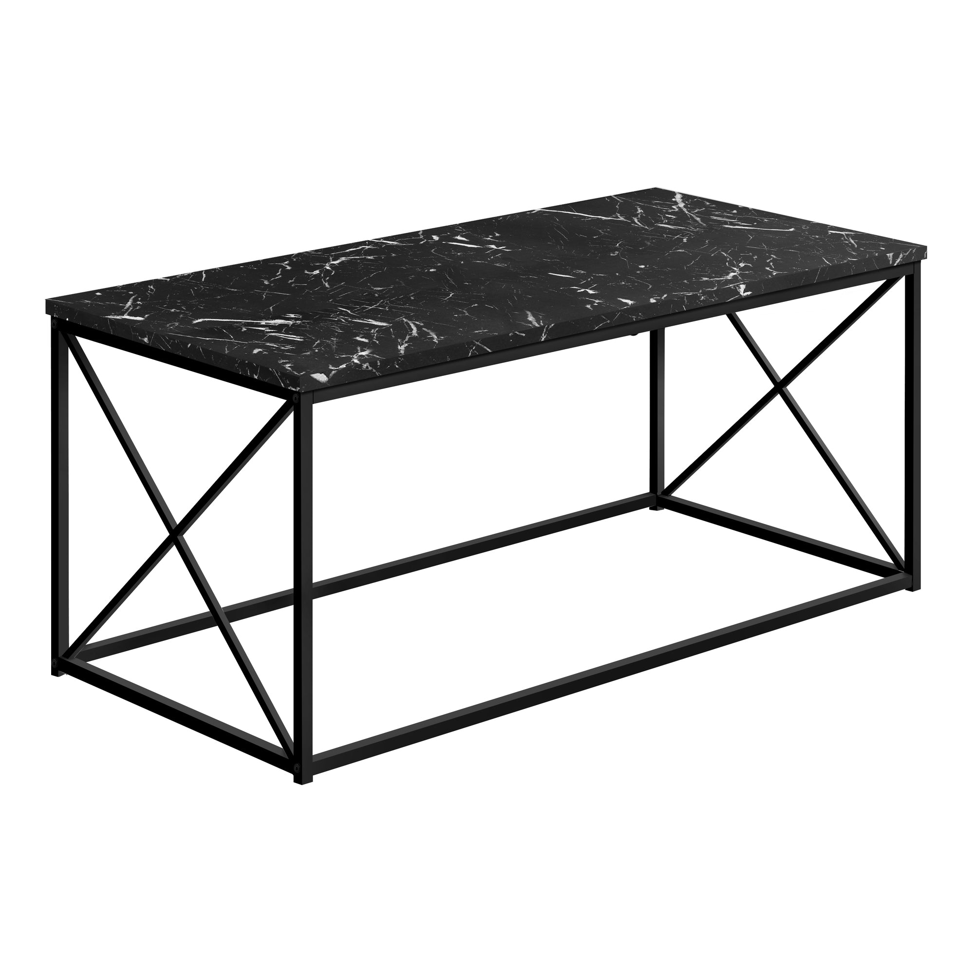 TABLE BASSE - 40"L / MARBRE NOIR / METAL NOIR ( Meuble Mtl )