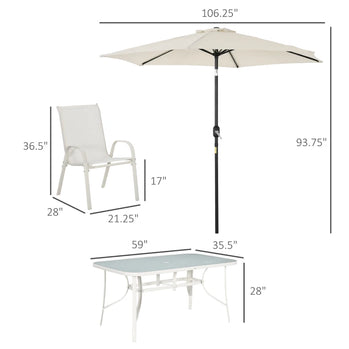 Ensemble de salle à manger de patio 8 pièces avec parasol, 6 chaises et table, blanc crème