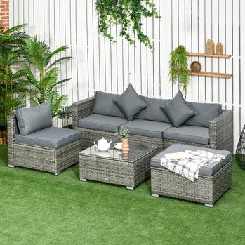 Ensemble de 6 meubles de patio en osier et rotin PE avec coussins épais, canapé sectionnel de jardin de luxe avec table en verre, gris mélangé et gris foncé