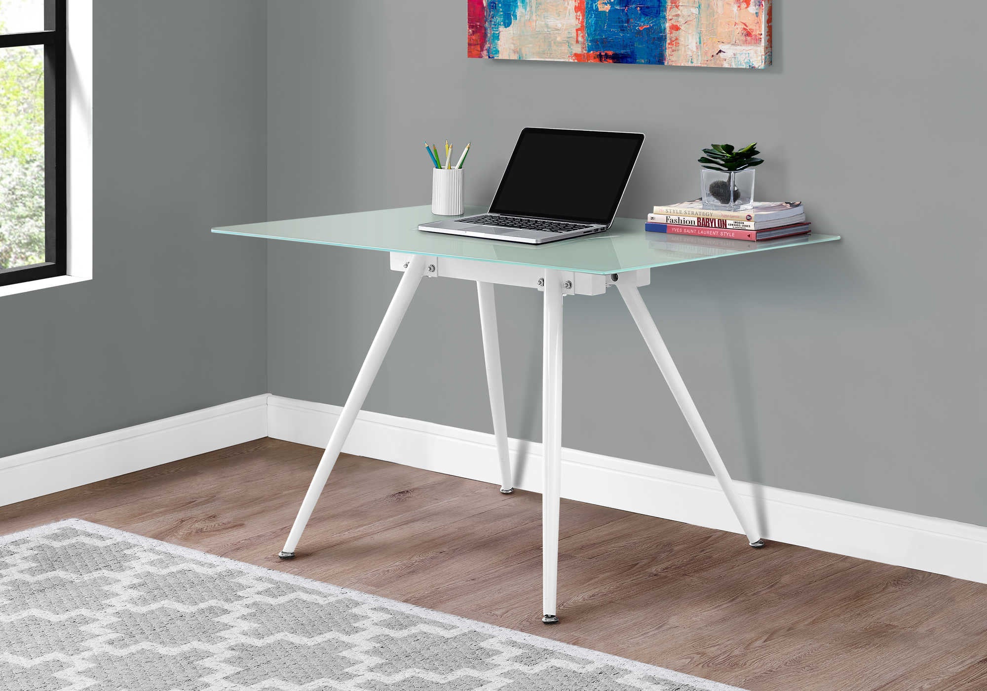 BUREAU D'ORDINATEUR - 28"X 48" / BLANC / VERRE TREMPÉ 8MM ( Meuble Mtl )