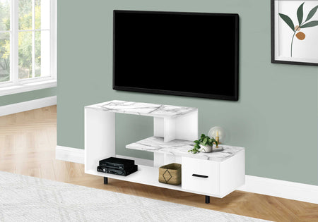 MEUBLE TV - 48"L / BLANC / DESSUS MARBRE BLANC / 1 TIROIR