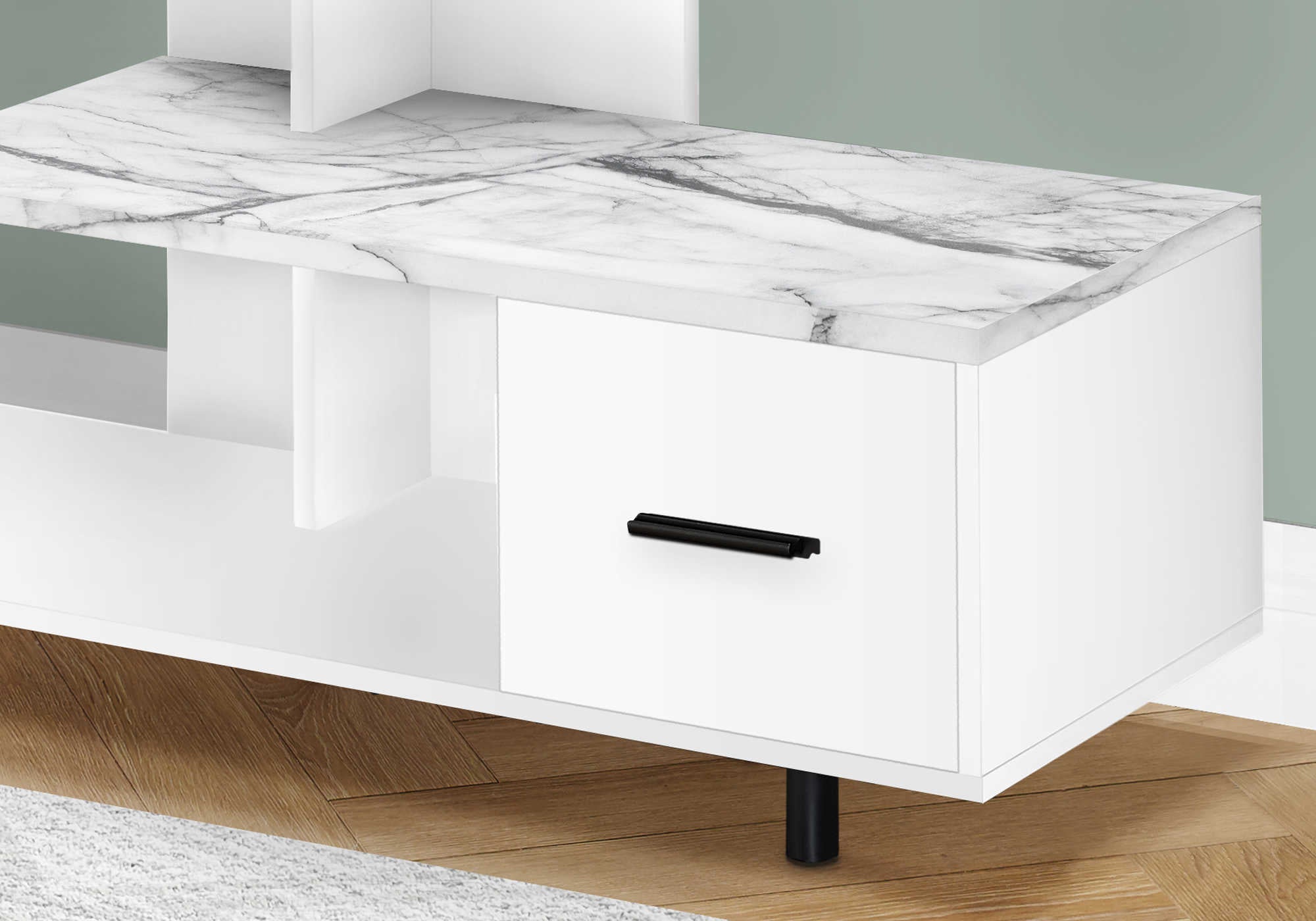 MEUBLE TV - 48"L / BLANC / DESSUS MARBRE BLANC / 1 TIROIR