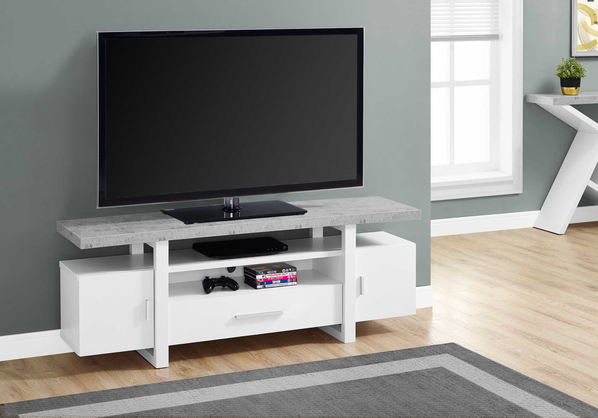 MEUBLE TV - 60"L / BLANC / DESSUS ASPECT CIMENT ( Meuble Mtl )