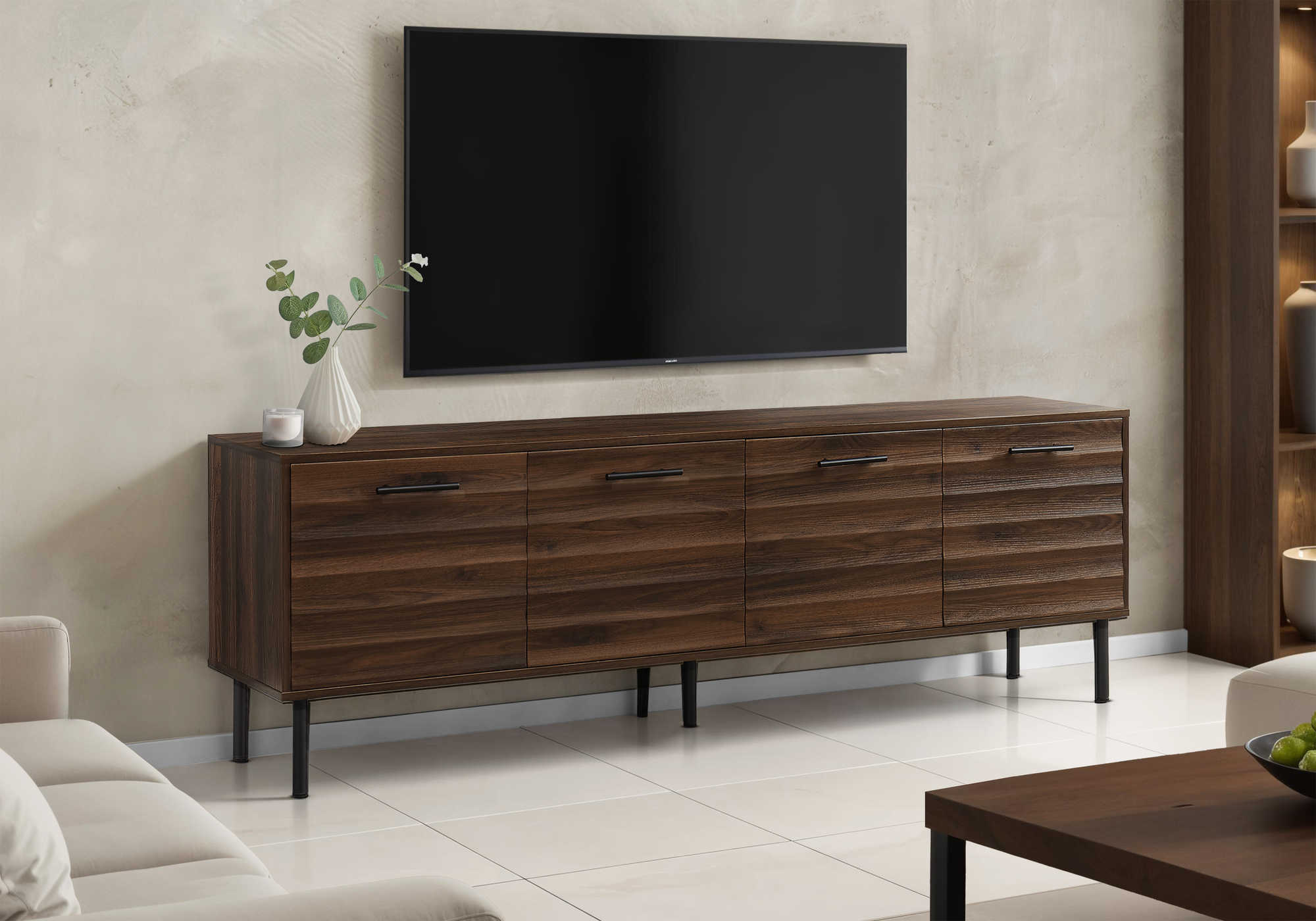 TV stand Monarch I 2727 – 72-inch, dark brown wood finish with 4 doors