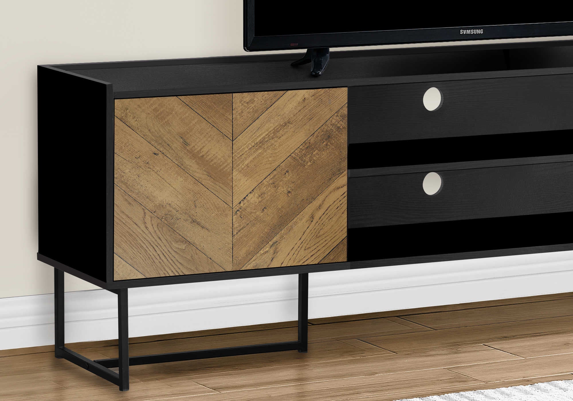 MEUBLE TV - 72"L / NOIR / MÉTAL AVEC 2 PORTES ASPECT BOIS