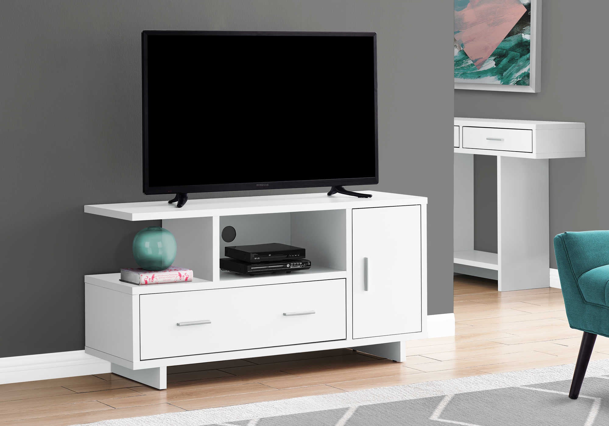 MEUBLE TV - 48"L / BLANC AVEC RANGEMENT
