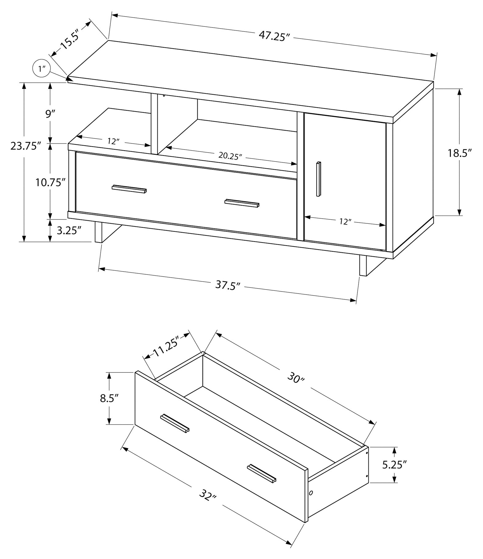 MEUBLE TV - 48"L / NOIR / ASPECT BOIS GRIS ( Meuble Mtl )