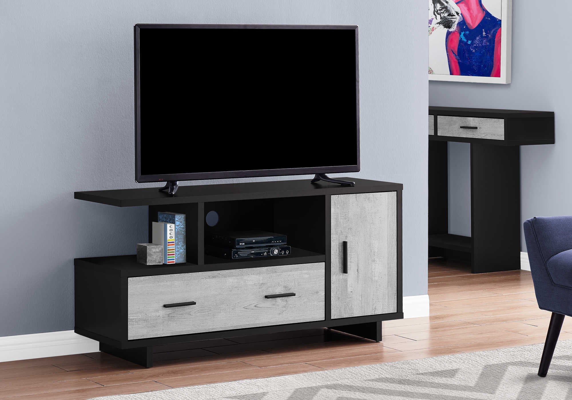 MEUBLE TV - 48"L / NOIR / ASPECT BOIS GRIS ( Meuble Mtl )