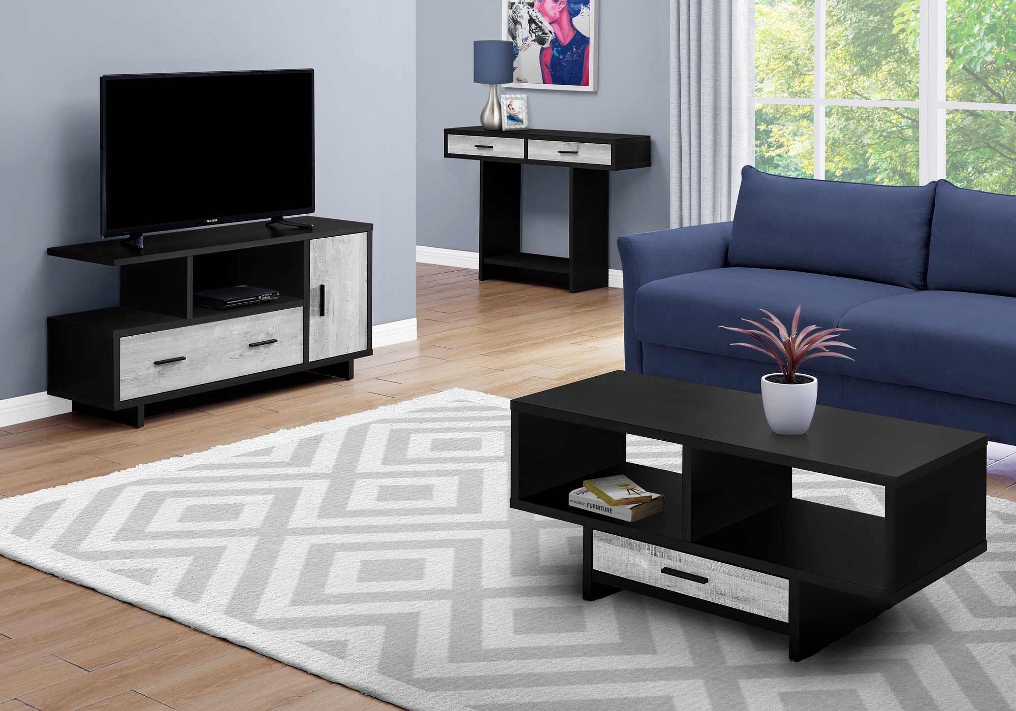 MEUBLE TV - 48"L / NOIR / ASPECT BOIS GRIS ( Meuble Mtl )