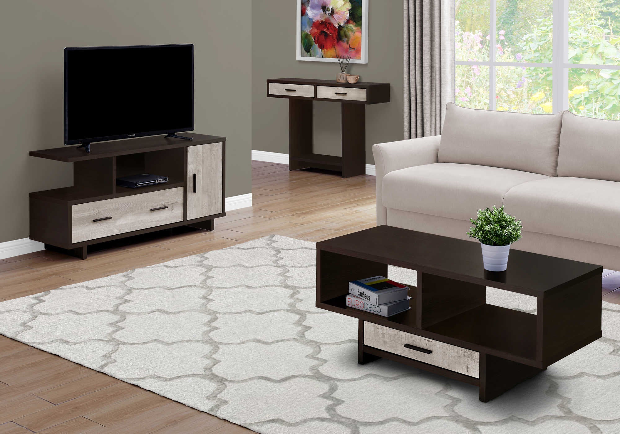 MEUBLE TV - 48"L / ESPRESSO / ASPECT BOIS TAUPE ( Meuble Mtl )