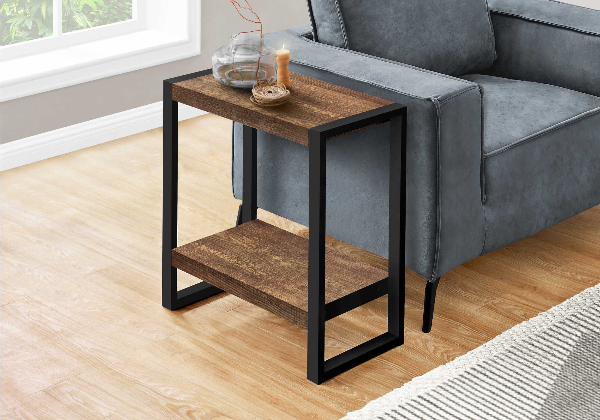 TABLE D'APPOINT - SIMILI BOIS BRUN / MÉTAL NOIR ( Meuble Mtl )