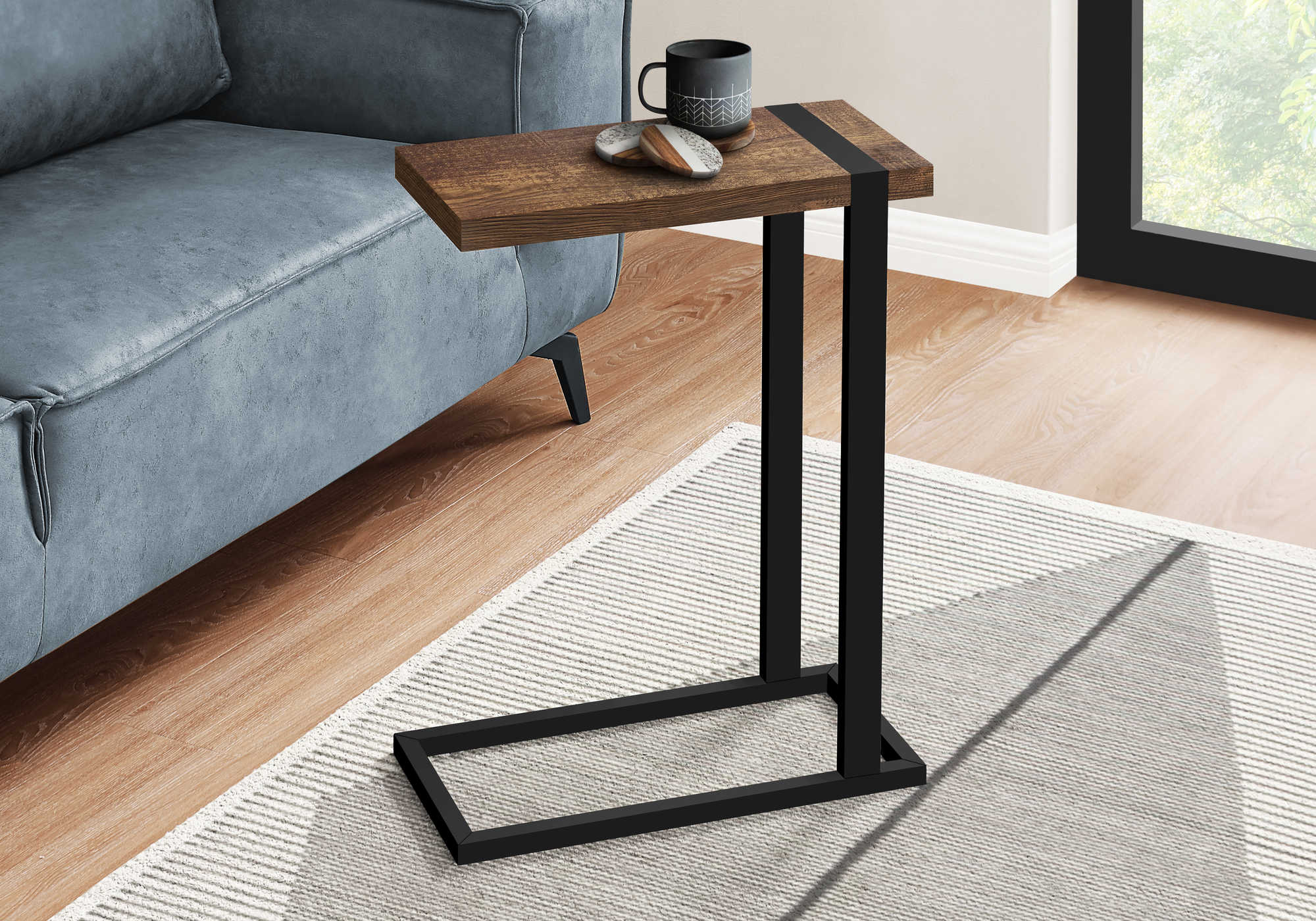 TABLE D'APPOINT - SIMILI BOIS BRUN / MÉTAL NOIR ( Meuble Mtl )