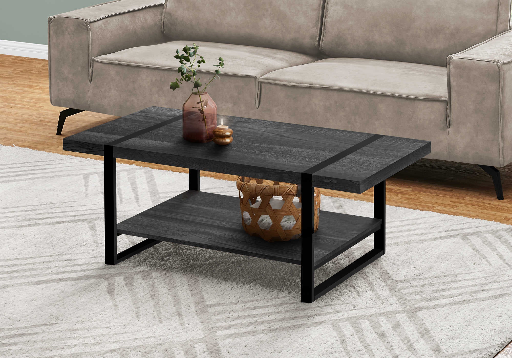TABLE BASSE - SIMILI BOIS NOIR / MÉTAL NOIR ( Meuble Mtl )
