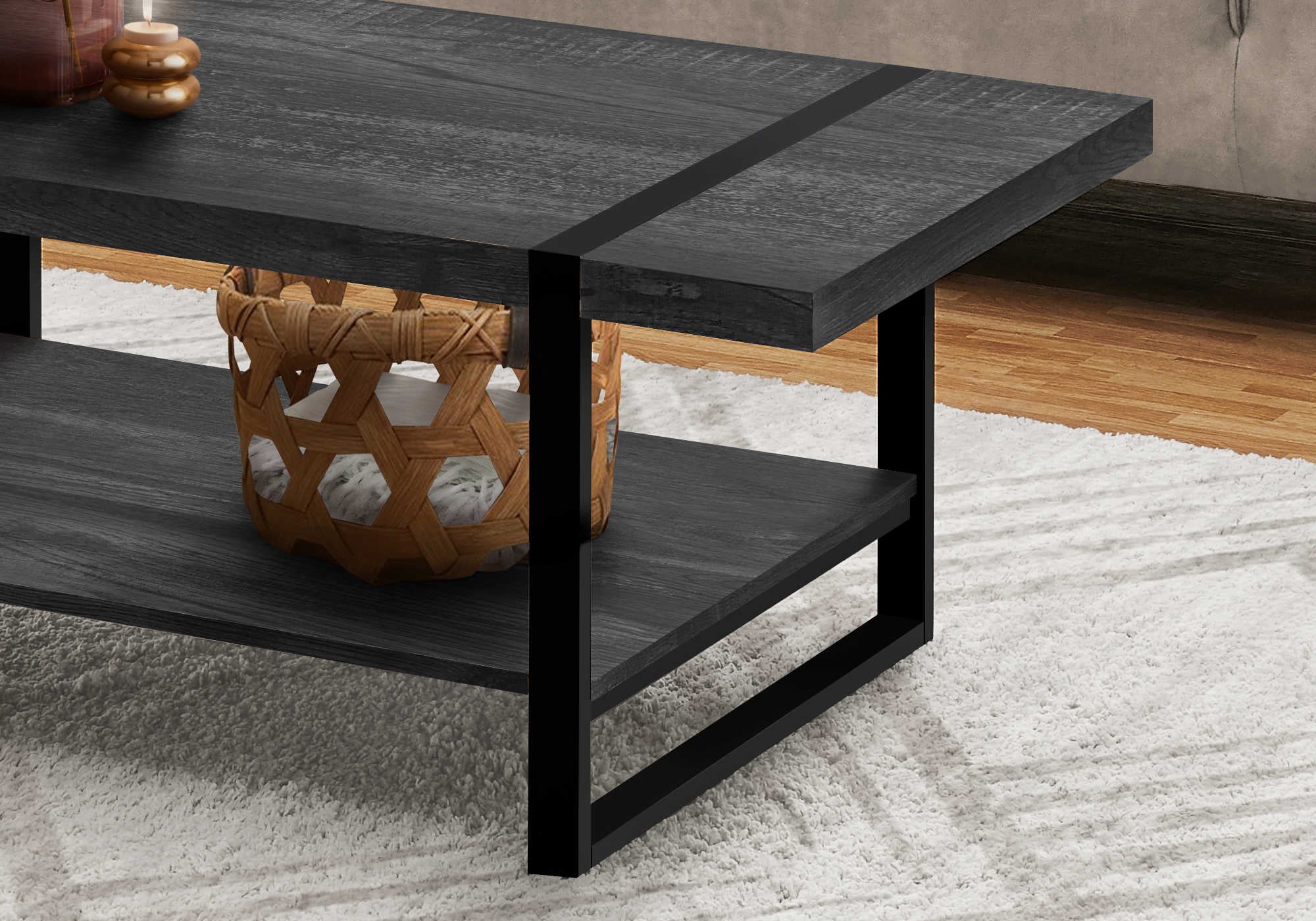 TABLE BASSE - SIMILI BOIS NOIR / MÉTAL NOIR ( Meuble Mtl )