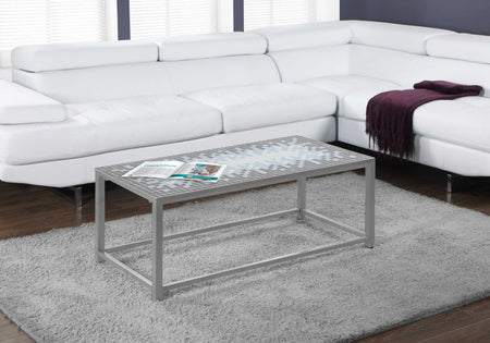 TABLE BASSE - GRIS / PLATEAU TUILE BLEU / ARGENT MARTELE ( Meuble Mtl )