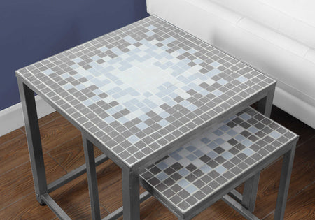 TABLE GIGOGNE - ENSEMBLE DE 2PCS / GRIS / DESSUS TUILE BLEU / ARGENT ( Meuble Mtl ) 