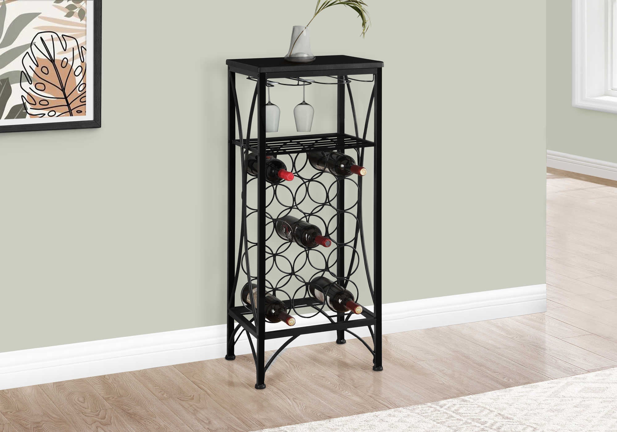 BAR MAISON - 40"H / PORTE BOUTEILLES ET VERRE EN MÉTAL NOIR ( Meuble Mtl )