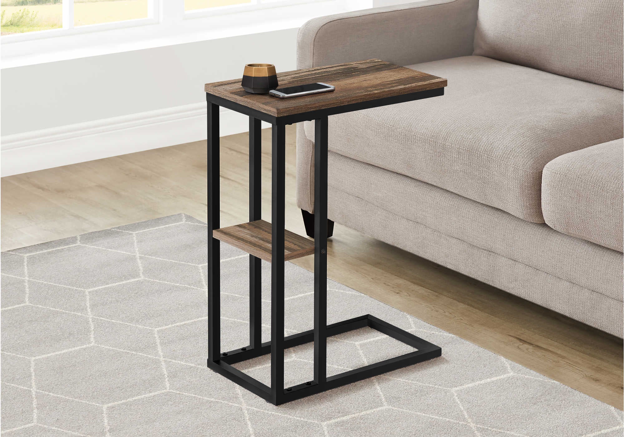 TABLE D'APPOINT - 25"H / LOOK BRUN / MÉTAL NOIR ( Meuble Mtl )