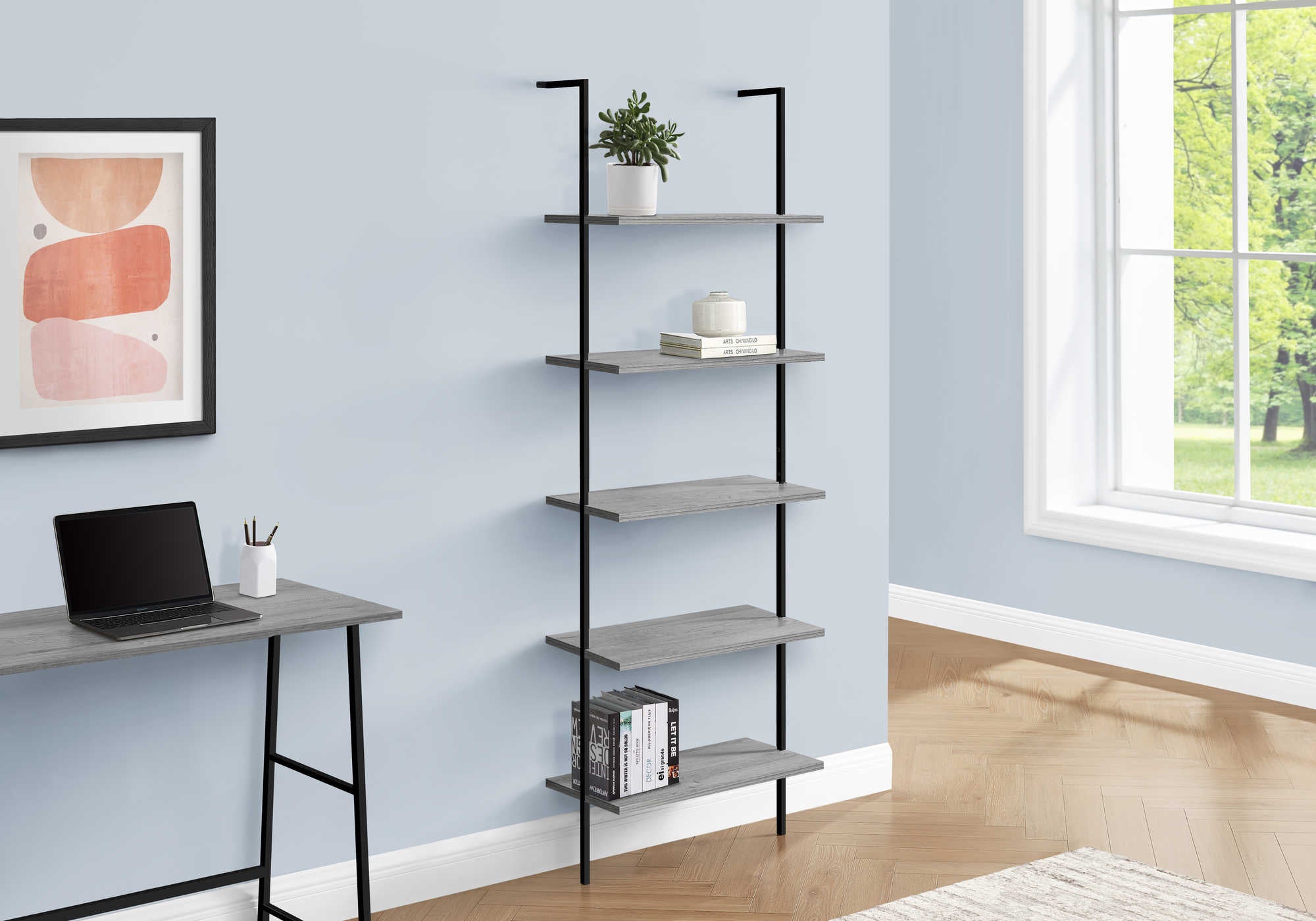 BIBLIOTHÈQUE - ÉCHELLE 72"H GRIS / MÉTAL NOIR ( Meuble Mtl )