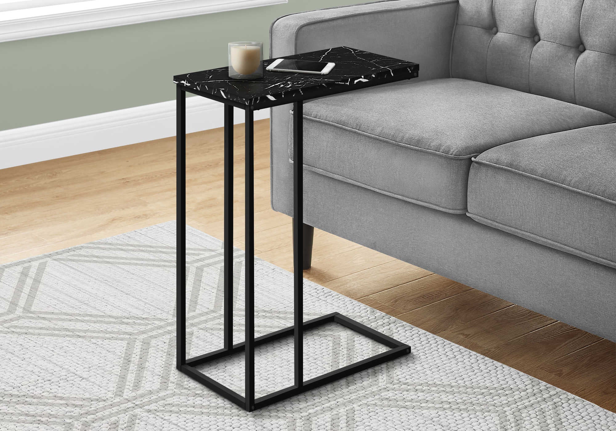 TABLE D'APPOINT - 25"H / MARBRE NOIR / METAL NOIR ( Meuble Mtl )