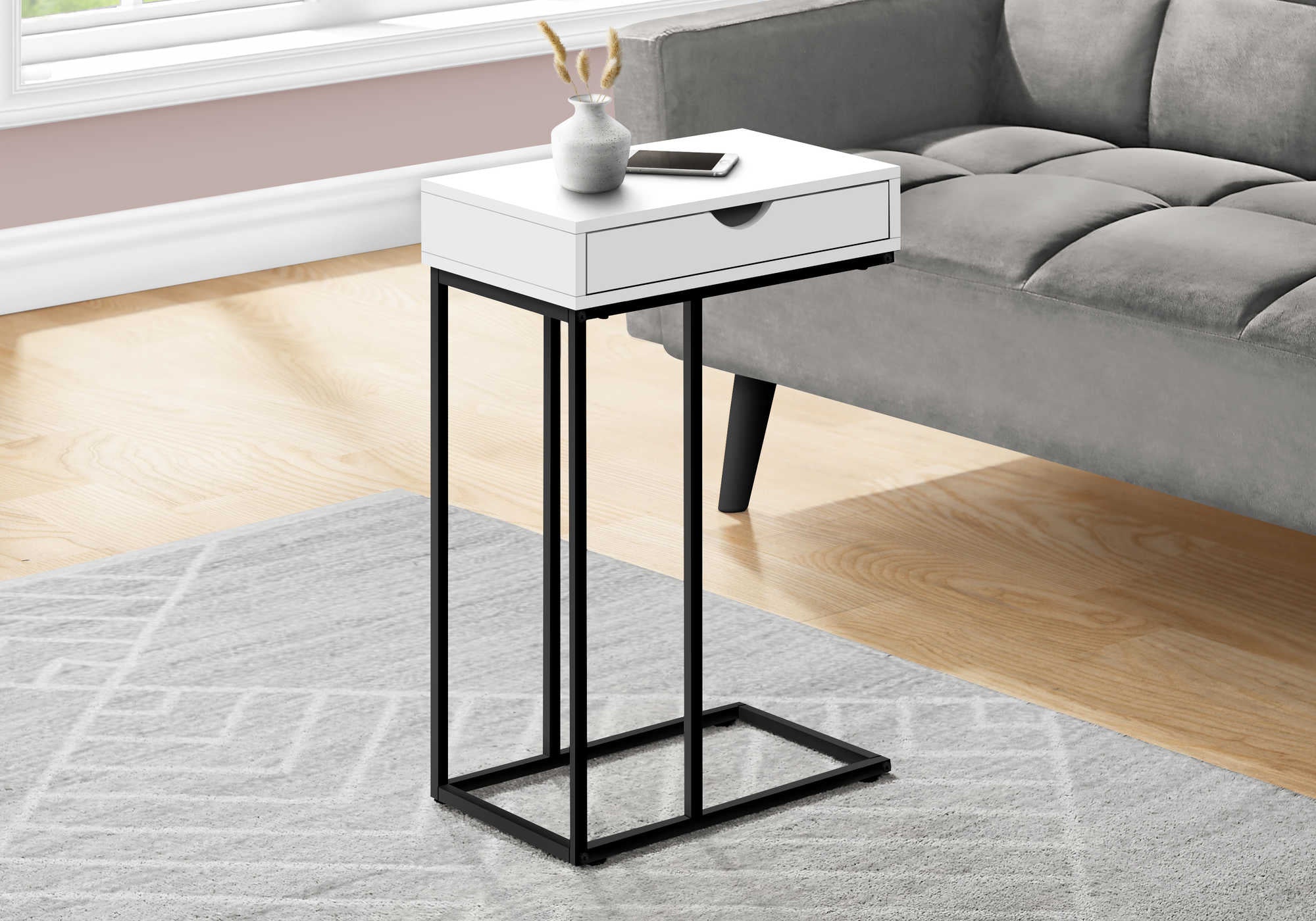 TABLE D'APPOINT - 25"H / BLANC / METAL NOIR ( Meuble Mtl )